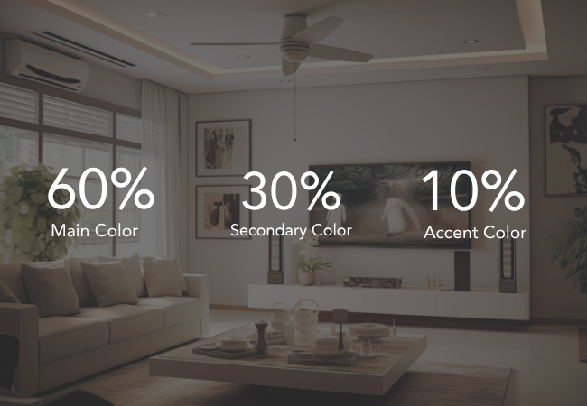 An image of a living room with text overlaid stating "60% main color, 30% secondary color, 10% accent color" 